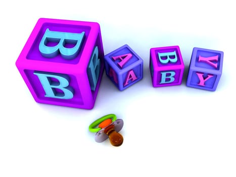 A stack of children's alphabet blocks spelling the word baby and pacifier isolated on a white background.