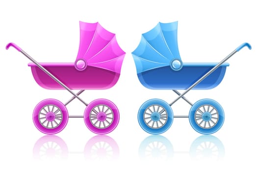 pink and blue carriages for baby transportation - vector illustration
