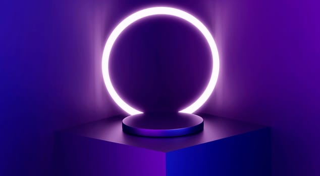 3D renders a dark purple and silver platform with shimmering neon and transparent glass rings. Geometric elements with minimal space for displaying banner mockup product designs