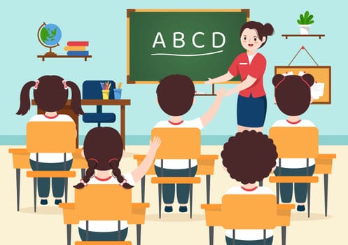 Primary School with Cute Little Students Studying in the Classroom in Hand Drawn Flat Cartoon Illustration Template