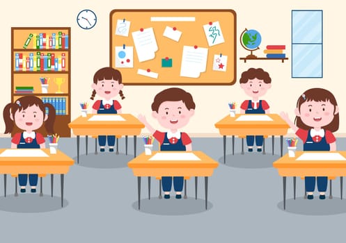 Primary School with Cute Little Students Studying in the Classroom in Hand Drawn Flat Cartoon Illustration Template