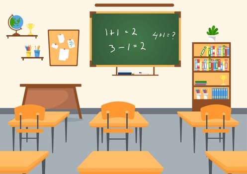 Primary School with Cute Little Students Studying in the Classroom in Hand Drawn Flat Cartoon Illustration Template
