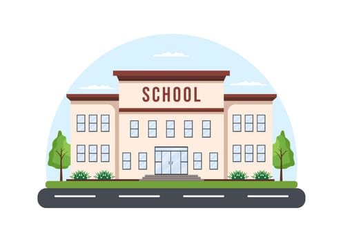 Primary School with Building Structure and Eksterior in Template Hand Drawn Cartoon Flat Illustration