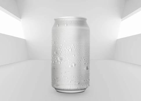 Aluminum can on water droplets background