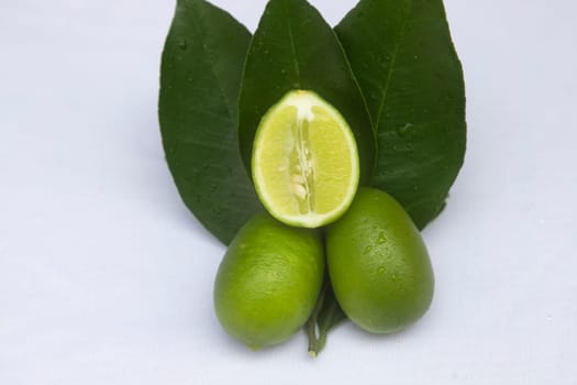 Fresh green lemon slice pieces with leaf. Testy lemon fruits. Refreshing summer drink ingredient