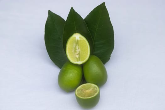 Fresh green lemon slice pieces with leaf. Testy lemon fruits. Refreshing summer drink ingredient