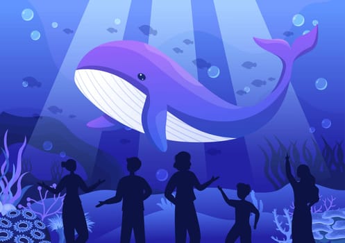 Aquarium Template Hand Drawn Cartoon Flat Illustration with Family and Kids Looking at Underwater Fish, Sea Animals Variety, Marine Flora and Fauna