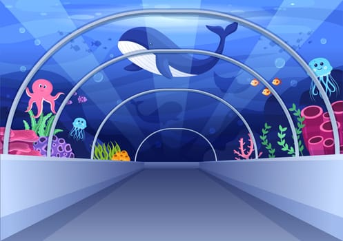 Aquarium Template Hand Drawn Cartoon Flat Illustration with Family and Kids Looking at Underwater Fish, Sea Animals Variety, Marine Flora and Fauna
