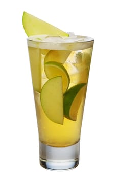 Apple cocktail with beer, lime and ice cubes in highball glass isolated on white
