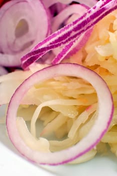 Macro photo of beetroot, pickled cabbage and mushrooms