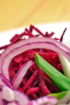 Macro photo of beetroot, pickled cabbage and mushrooms