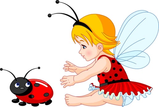 The little fairy girl tries to catch a ladybird
