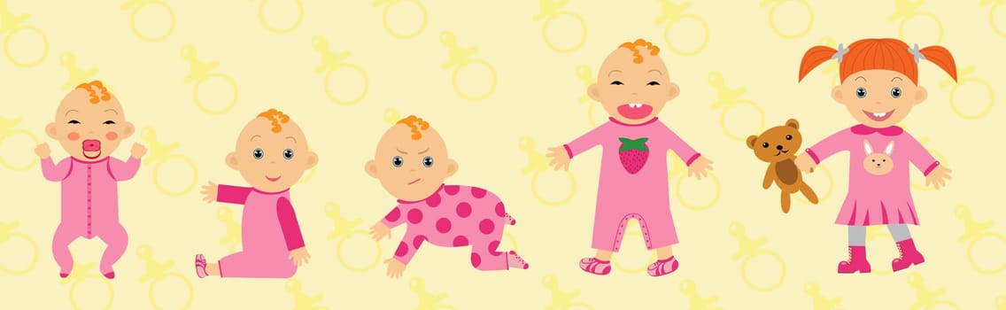 A vector illustration of a baby girl growing up