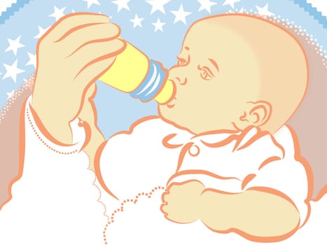 illustration drawing of a lovely baby is drinking milk