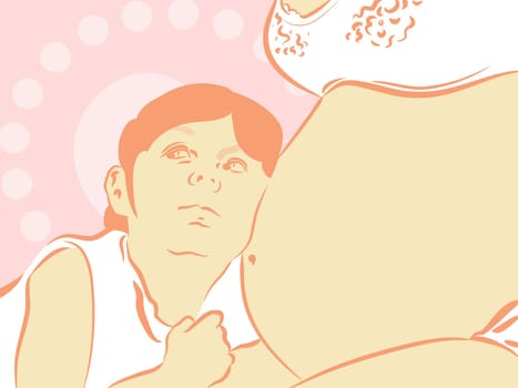 a son embraces pregnant mum for a belly.
