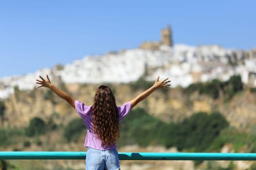 Back view portrait of a tourist celebrating vacation looking at town views