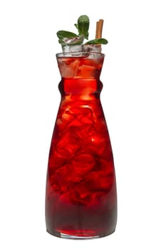 Jar with icy cherry and mint drink.