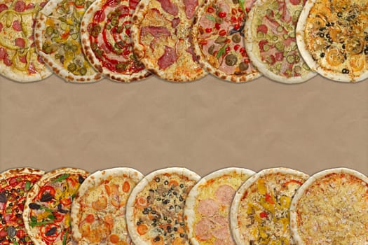 Horizontal collage of different baked pizzas on cardboard. Top view.