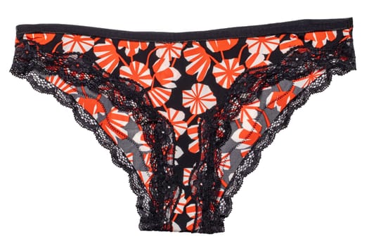 Underwear woman isolated. Close-up of luxurious elegant black lacy thongs panties with colorful orange pattern isolated on a white background. Underwear fashion.