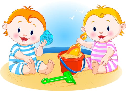 Two little babies playing at the beach