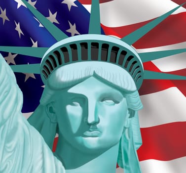 Statue of Liberty close up over a American Flag background.