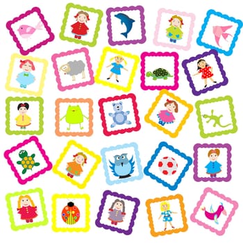 Baby background with various toys, for kindergarten