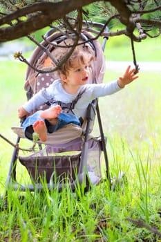 Portrait of baby boy sitting in his stroller while outdoor.