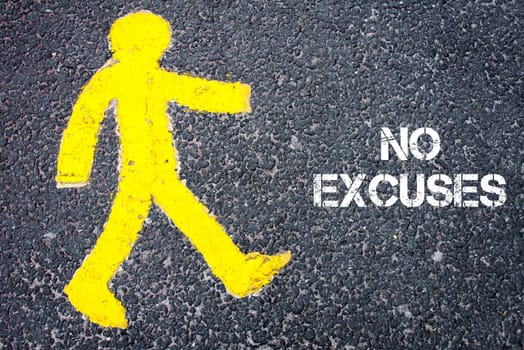 Yellow pedestrian figure on the road walking towards NO EXCUSES. Conceptual image with Text message over asphalt background.