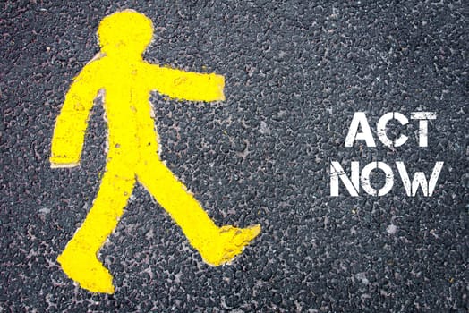 Yellow pedestrian figure on the road walking towards ACT NOW. Conceptual image with Text message over asphalt background.