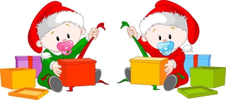 Cute  twins with Santa’s  hat open Christmas gifts.