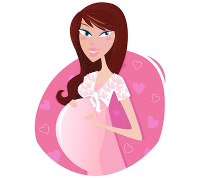 Pregnant woman in pink pregnant dress is prepared for maternity. Vector lifestyle illustration of sexy pregnant mom.