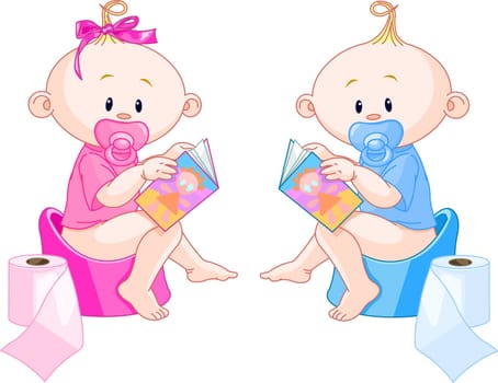 Little babies – girl and boy are sitting on potties with open books