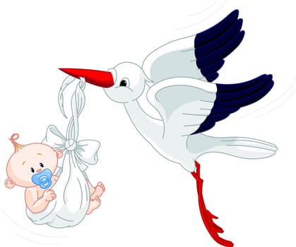 .A cartoon vector illustration of a stork delivering a newborn baby boy