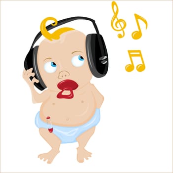 Cute Baby Listening to some music. Editable Vector Illustration