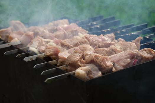 Process of cooking shashlik from pickled meat outdoor, img 6 of 17