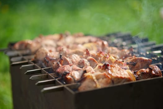 Process of cooking shashlik from pickled meat outdoor, img 11 of 17