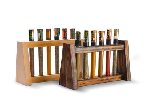 Kitchen test-tubes spice rack. Variety of spices in test tubes.