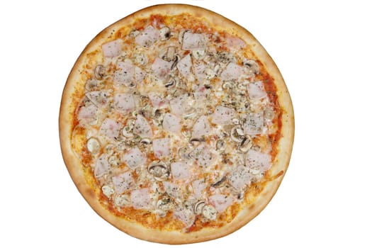 Top view of pizza with ham, mushroom, onion and cheese.