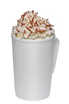 Coffee cocktail with whipped cream, maple syrup and grated chocolate in tall ceramic cup isolated on white background.