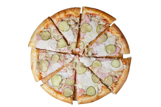 Top view of pizza with chicken, ham and pickled cucumber divided on pieces