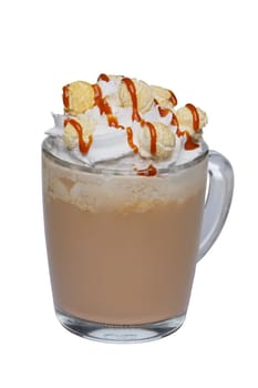 Coffee cocktail with whipped cream, popcorn and caramel in transparent glass isolated on white background.