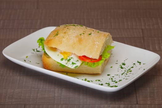 Ciabatta panini sandwich with chicken and tomato. Sandwich stuffed with sausage, egg and tomato.