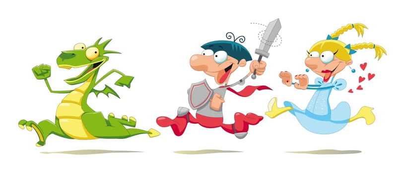 Dragon, Prince and Princess. Cartoon an dvector scene.