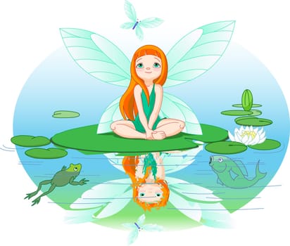 .Little cute fairy observes for flying butterfly on Water lily leaf.