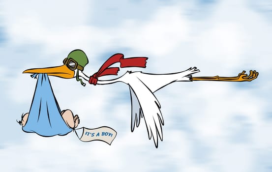 A stork delivering a special delivery to an unknown destination. But we do know it's a boy.