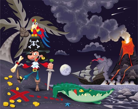 Pirate on the island in the night. Funny cartoon and vector scene.