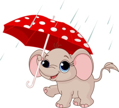Illustration of Cute and funny baby elephant under umbrella