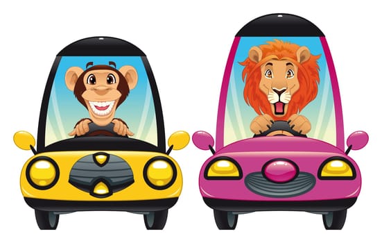 Animals in the car: Monkey and Lion. Funny cartoon vector isolated characters.