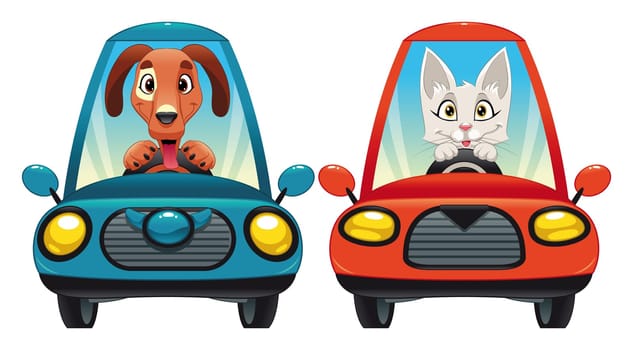 Animals in the car: Dog and Cat. Funny cartoon vector isolated characters.