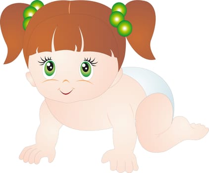 Bright picture of crawling baby girl in diaper . Vector isolated on white background